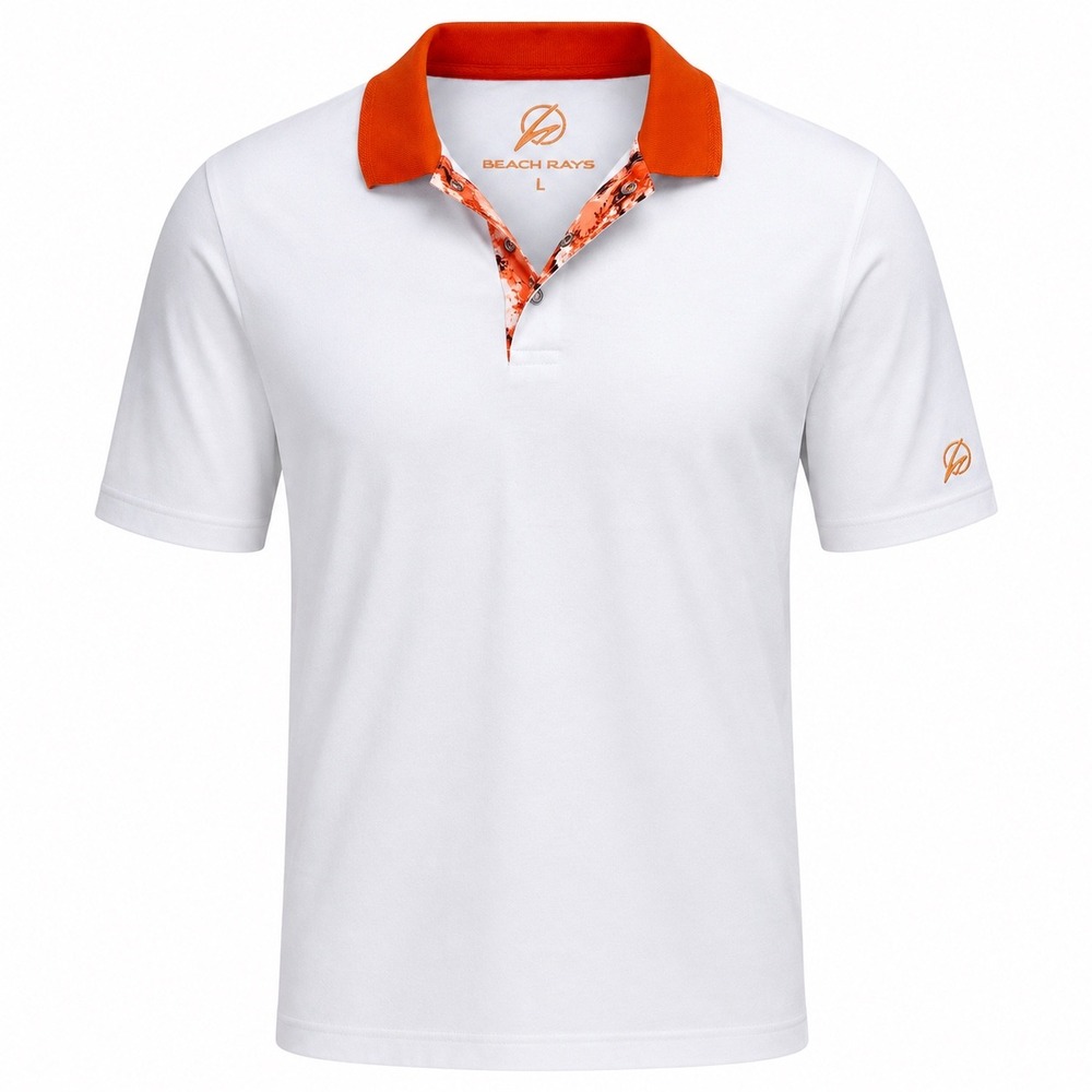 Beach Rays Size L Polo Shirt NWT White Orange Surfwear Coastal Resort Beachy